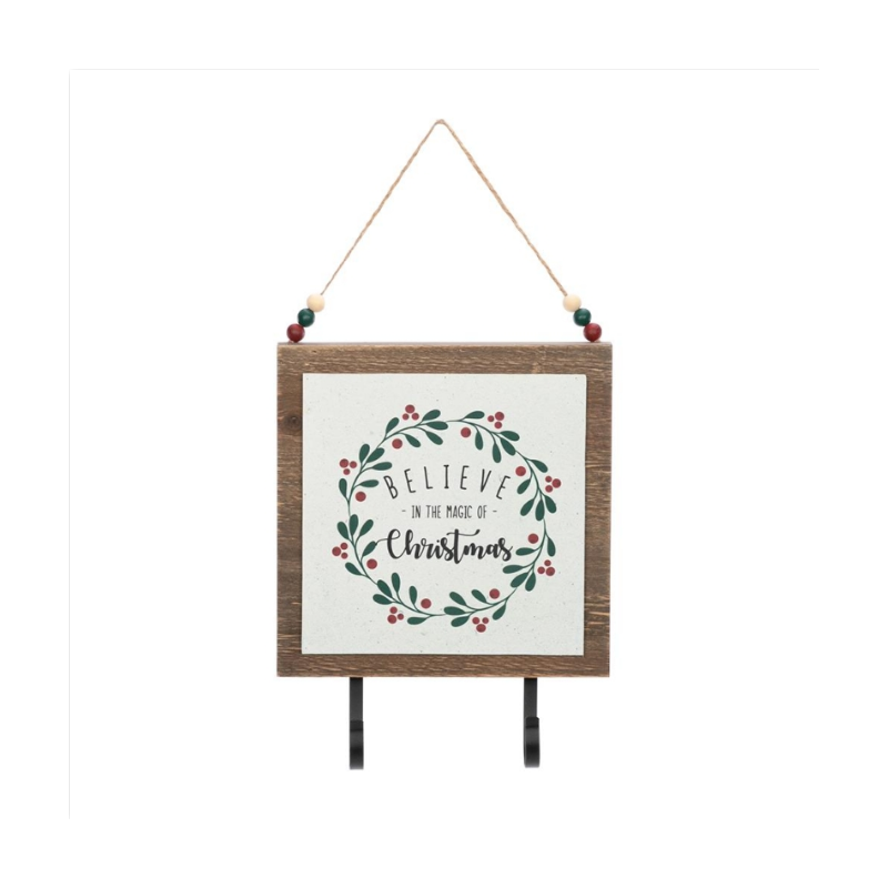 Zimtown 9.45" Christmas Decor Winter Holiday Wood Wall Sign with Hooks - Believe in the Magic in Christmas