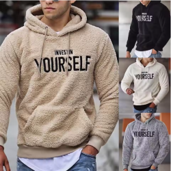 Hoodie Letters Embroidery Warm Pullover Men Long Sleeve Pockets