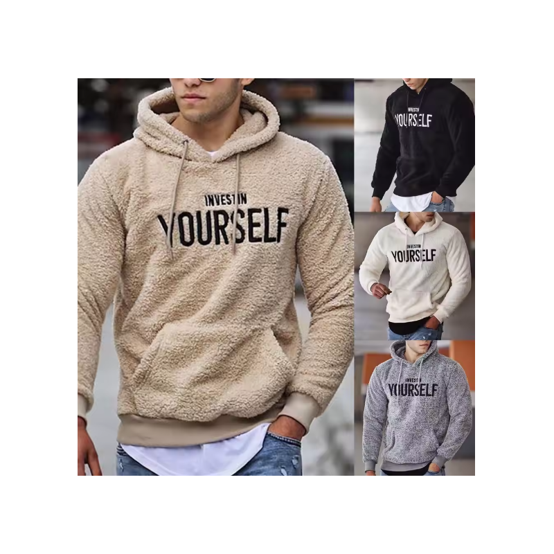 Hoodie Letters Embroidery Warm Pullover Men Long Sleeve Pockets