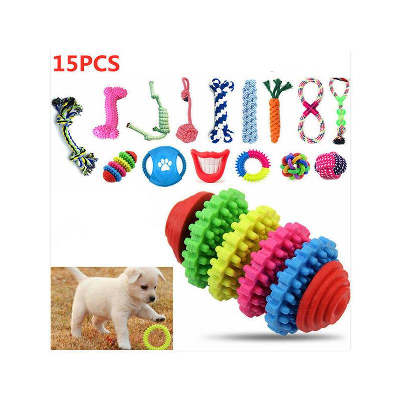 15X Tough Dog Toys Bundle Chew Rope Knot Ball Squeakers Pet Puppy Teething